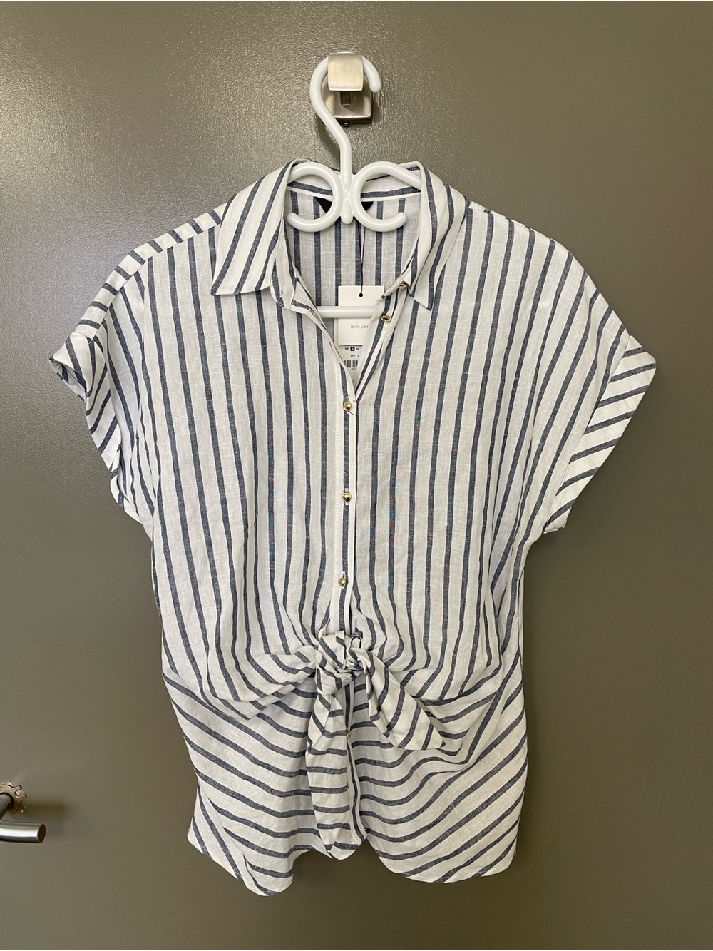 Zara Striped Tie-Front Button Linen Shirt